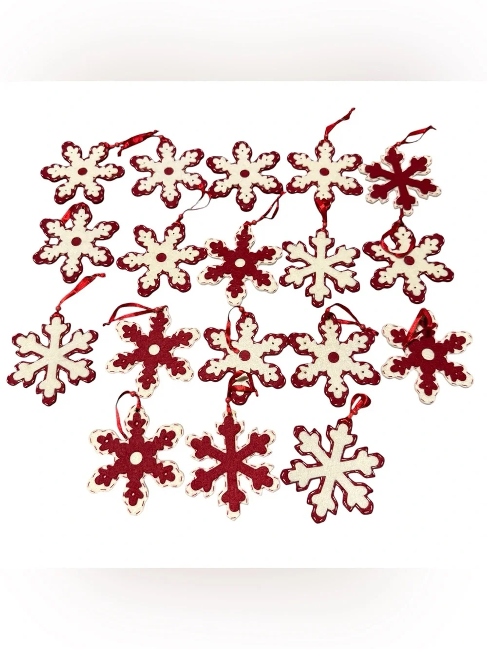 Lot Of 18 Snowflake Christmas Ornaments Felt Red White